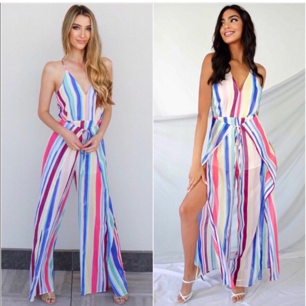 🎉LAST ONE🎉Colorful stripes slit pant jumpsuit with shorts - Picture 3 of 4
